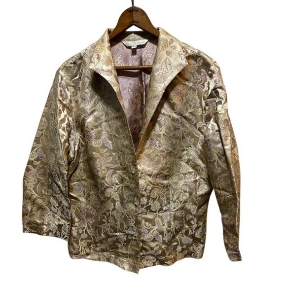 Connie Roberson gold jacket coat blazer floral pattern size Large made in USA - Picture 1 of 7
